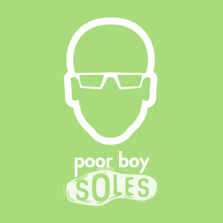 Minimalist logo design featuring abstract face and text "Poor Boy Soles".