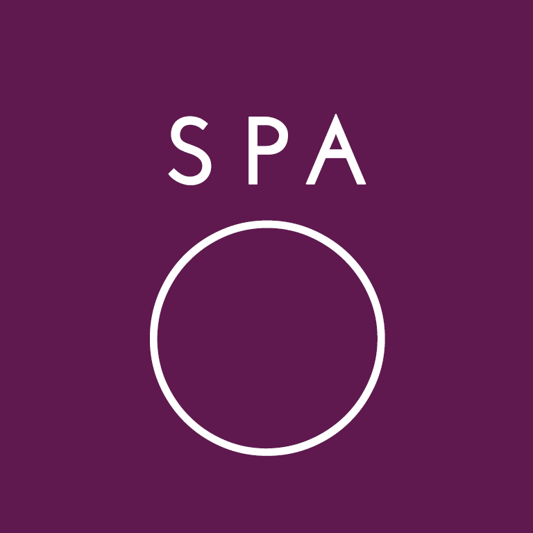 Minimalist spa logo on purple background featuring white circle design.