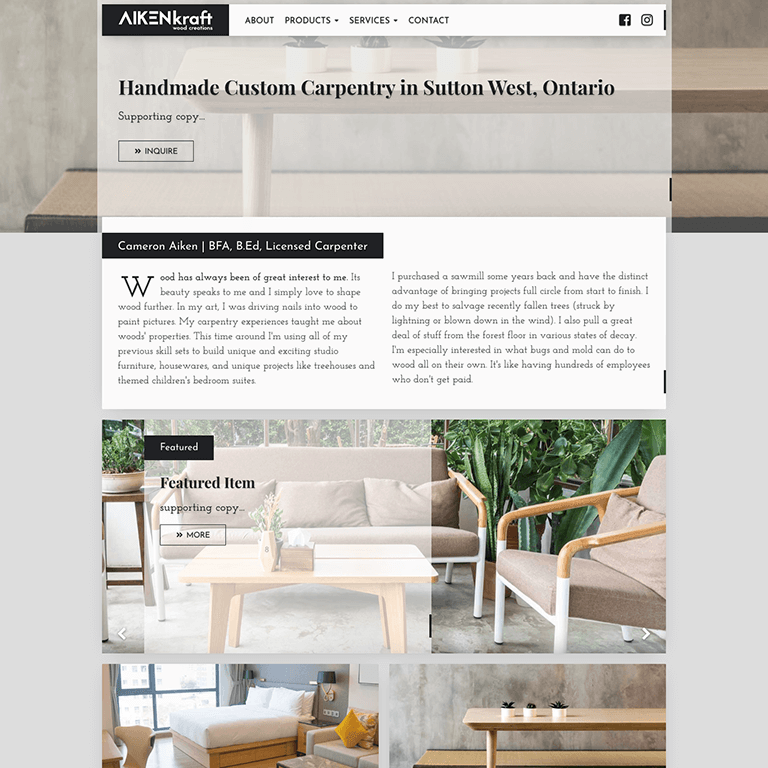 Handmade custom carpentry website showcasing featured items and services.