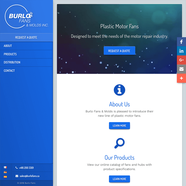 Website screenshot featuring Burlo Fans & Molds Inc. The page has a blue sidebar with navigation links and contact info. The main section highlights Plastic Motor Fans with buttons to request a quote and learn more.