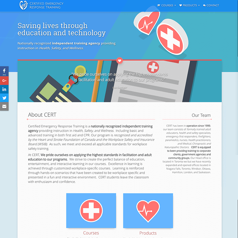 Certified Emergency Response Training homepage featuring health, safety education services.
