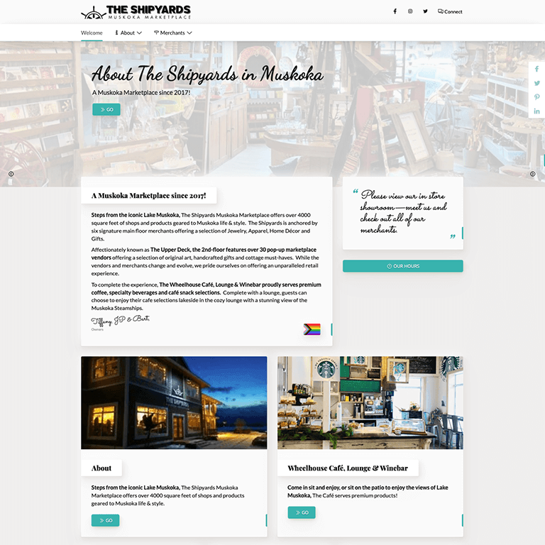 Screenshot of The Shipyards Muskoka Marketplace website homepage featuring the logo, navigation menu, and sections describing the marketplace, its history, vendors, and café, with photos of the interior and products.