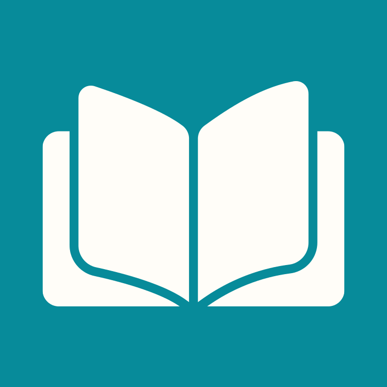 Open book icon on teal background representing knowledge sharing.