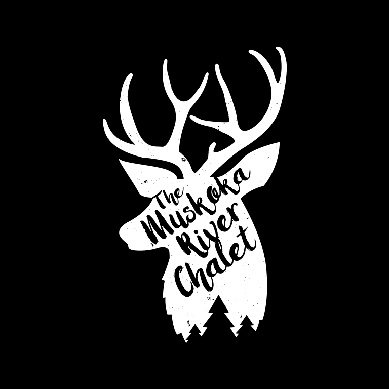 White distressed deer head logo "Muskoka River Chalet", Creative Agency web design.