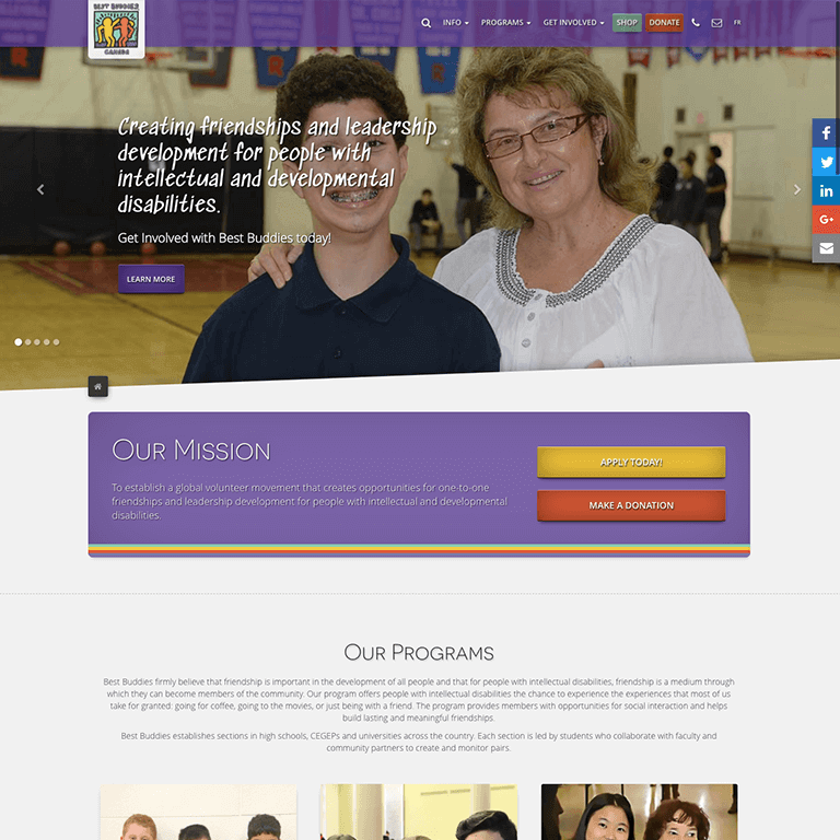 Website promoting intellectual disabilities volunteer program, showcasing friendship and leadership.