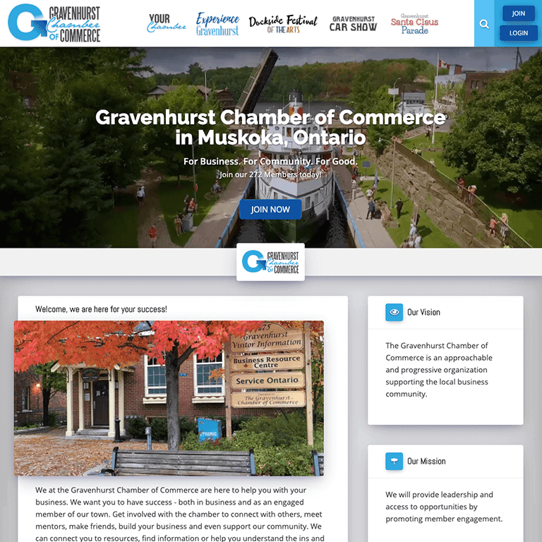 Gravenhurst Chamber of Commerce website showcasing community engagement and resources.