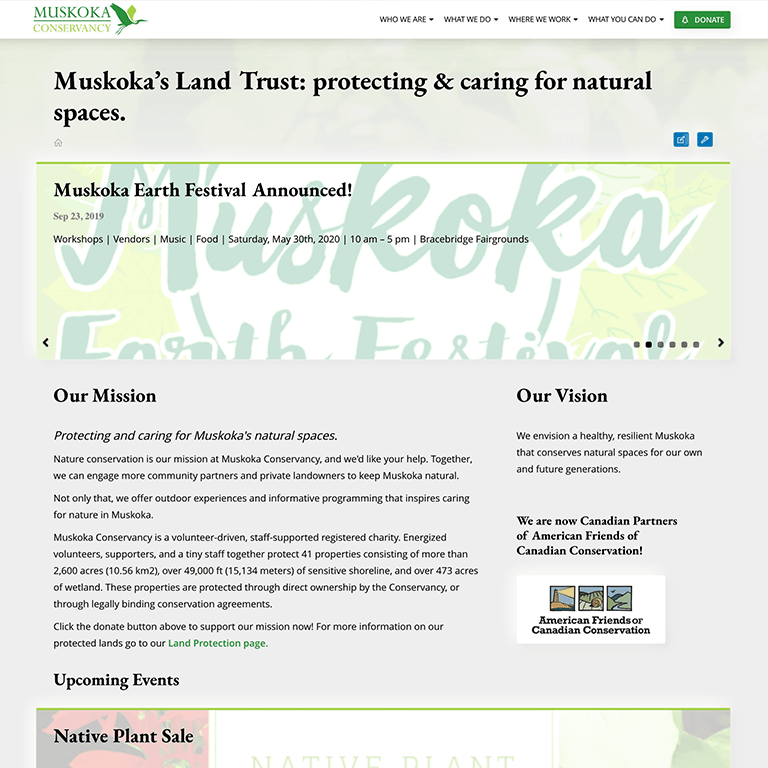 Muskoka Conservancy website promoting land trust and natural space conservation.