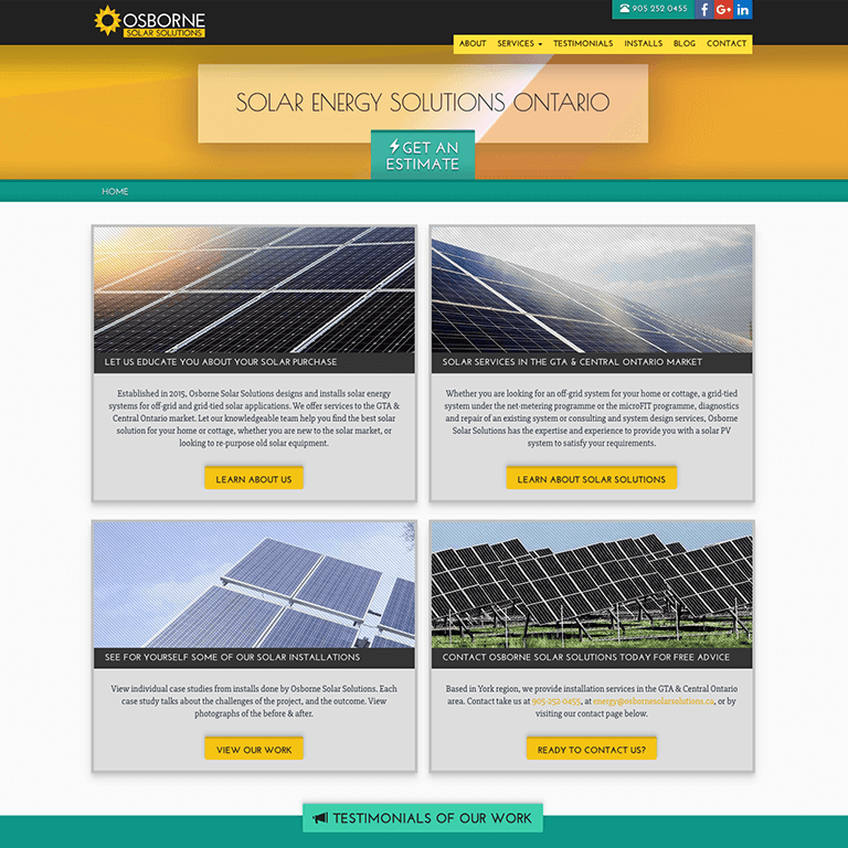 Solar energy solutions Ontario website showcasing services and information.