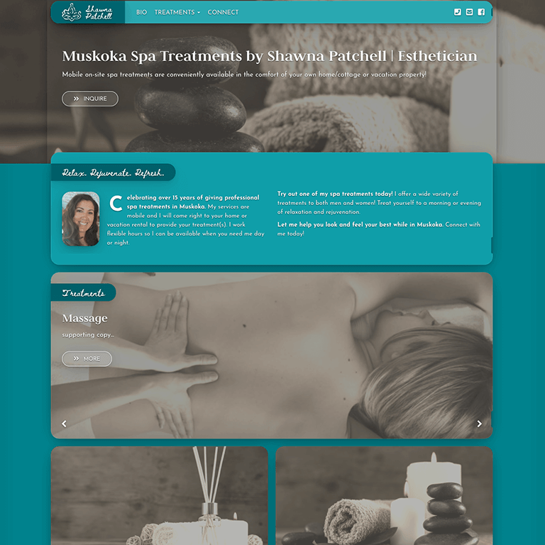 Muskoka spa treatments website design featuring massage and relaxation services.